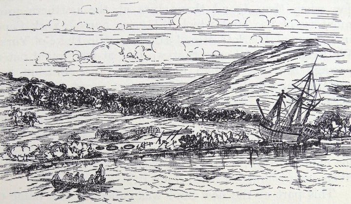 Captain Cook's vessel beached at the entrance of Endeavour River, where the seaport of Cooktown now stands. From an engraving in the Atlas of Cook's first Voyage. 