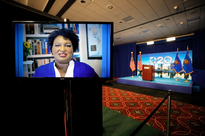 Former Georgia state Rep. Stacey Abrams contributes to a group keynote address for the Democratic National Convention with 16