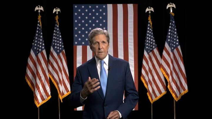 Former Secretary of State John Kerry speaks via video during the second night of the Democratic National Convention on Tuesday.