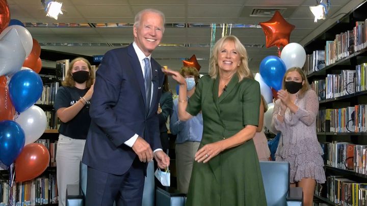 Democratic presidential candidate Joe Biden, his wife Dr Jill Biden, and members of the Biden family, celebrate during the second night of the Democratic National Convention.
