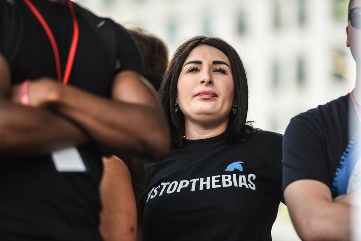Anti-Muslim extremist Laura Loomer waits backstage during a "Demand Free Speech" rally on Freedom Plaza on July 6, 2019, in Washington. Loomer this week won the Republican nomination for a Florida congressional seat. 