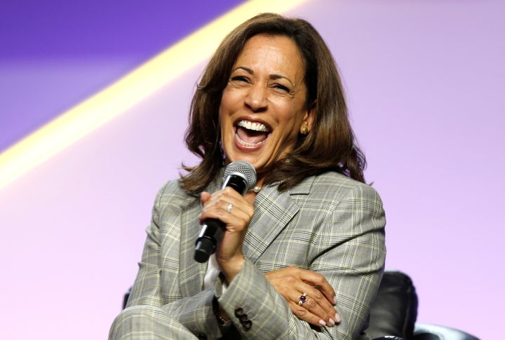 Sen. Kamala Harris (D-Calif.) laughs during the presidential candidate forum at the annual convention of the National Association for the Advancement of Colored People in Detroit, Michigan, on July 24, 2019.