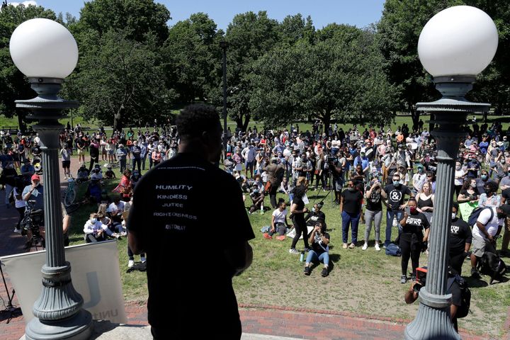 In this Sunday, June 14, 2020, file photo, Benjamin Watson, a former New England Patriots football player, addresses a Boston prayer event held to call for an end to racial injustice, triggered by the death of George Floyd.