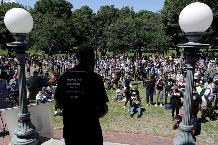 In this Sunday, June 14, 2020, file photo, Benjamin Watson, a former New England Patriots football player, addresses a Boston prayer event held to call for an end to racial injustice, triggered by the death of George Floyd.