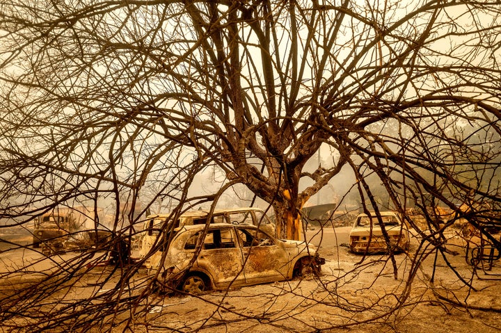 Burned vehicles rest beneath a tree after the LNU Lightning Complex fires tore through Vacaville, California, on Wednesday. Fire crews across the region have scrambled to contain dozens of wildfires sparked by lightning strikes as a statewide heat wave continues.