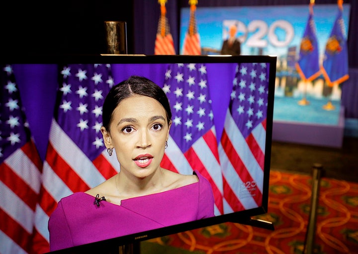 Rep. Alexandria Ocasio-Cortez (D-N.Y.) seconds the nomination of Sen. Bernie Sanders via video feed during the second day of the Democratic National Convention.