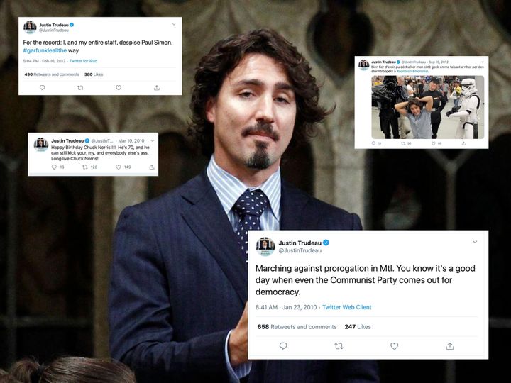 An image of Prime Minister Justin Trudeau from 2011, accompanied by several of his tweets from that era. 