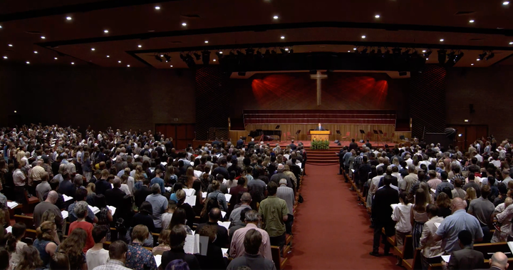 Packed pews are seen at Grace Community Church's July 26 morning service.