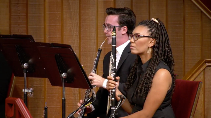 Musicians play instruments at an Aug. 16 worship service at Grace Community Church.