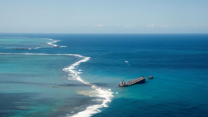 モーリシャス沖で座礁した貨物船「WAKASHIO」の写真