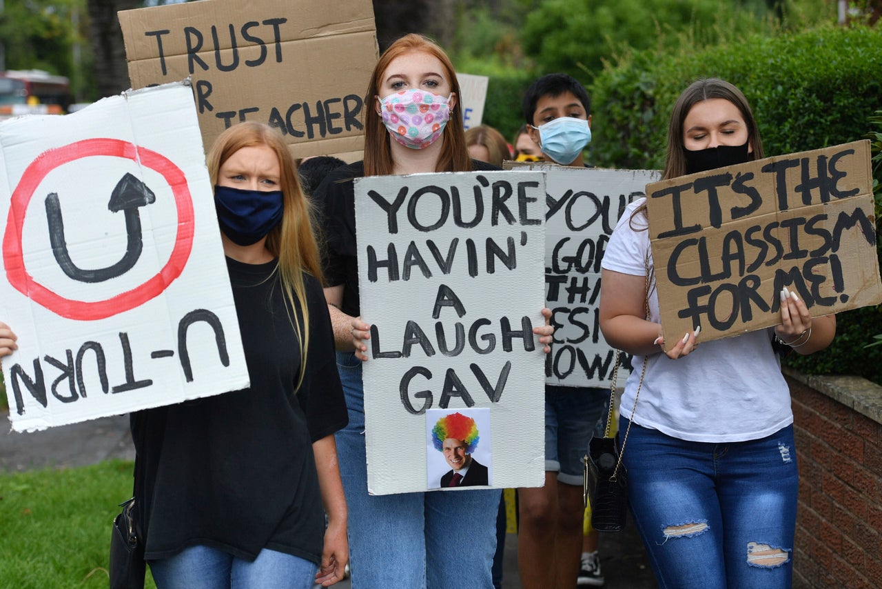 Students marching to the constituency office of Gavin Williamson on Monday, before the government's U-turn was announced