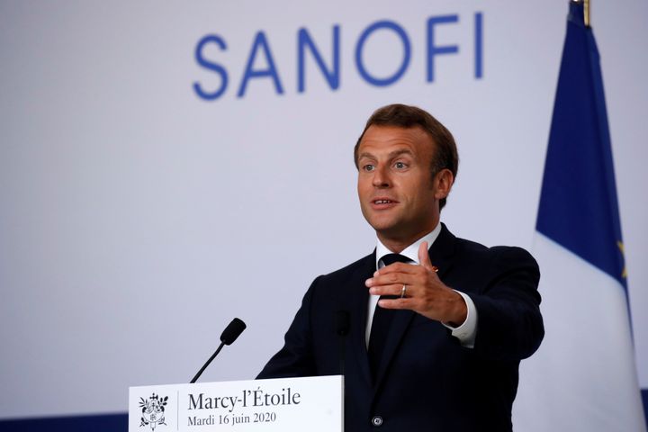 French President Emmanuel Macron delivers a speech after visiting the Sanofi pharmaceutical plant near Lyon, France, on June 16.