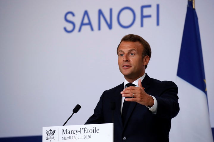 French President Emmanuel Macron delivers a speech after visiting the Sanofi pharmaceutical plant near Lyon, France, on June 