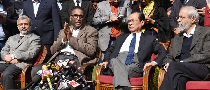 Supreme Court Judges ( L TO R ) Kurian Joseph, J Chelameswar, Ranjan Gogoi and Madan Lokur addressing the media on January 12, 2018 in New Delhi, India. Four Supreme Court judges took the unprecedented step of publicly criticising then chief justice Dipak Misra over the allocation of cases at a press conference.