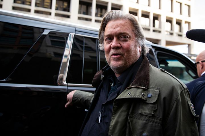 Former White House strategist Steve Bannon in November 2019, speaking to reporters after testifying at the federal trial of Roger Stone, another Trump associate. Bannon himself was federally indicted on Thursday.