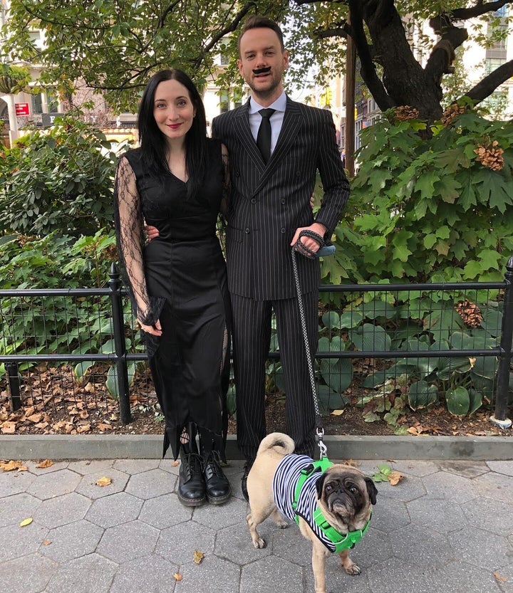 The author and her fiancé, Jerrod, dressed as Morticia and Gomez Addams, in Madison Square Park, New York City, on Halloween 2019.