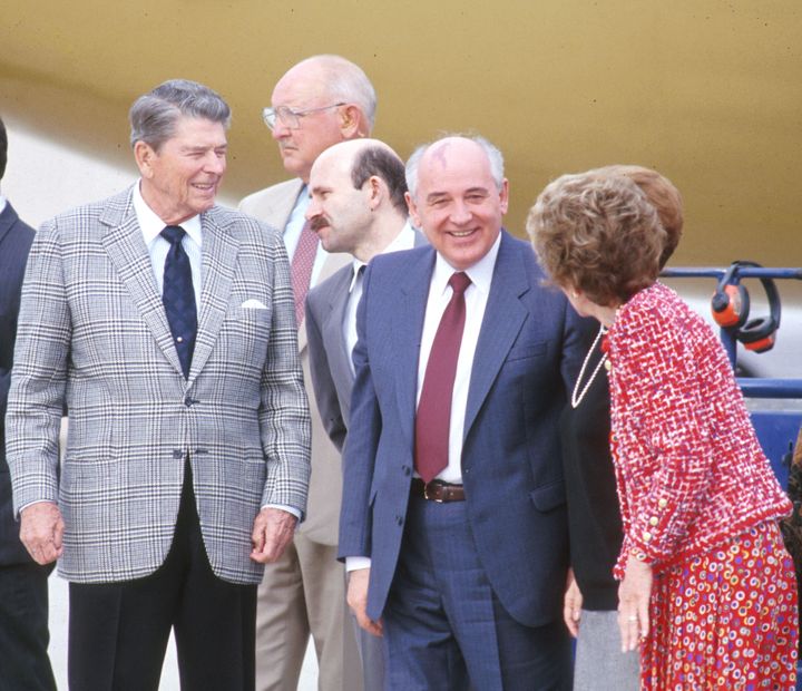 Former U.S. President Ronald Reagan and former Soviet Union leader Mikhail Gorbachev.