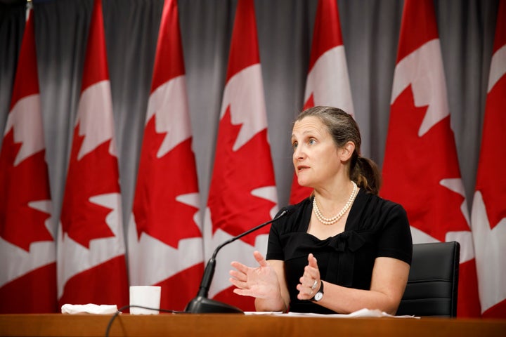 Deputy prime minister Chrystia Freeland speaks during a press conference in Toronto on Aug. 7, 2020. 