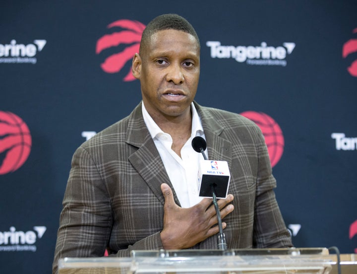 Toronto Raptors President Masai Ujiri talks to the media during a press conference in Toronto on July 20, 2018. 