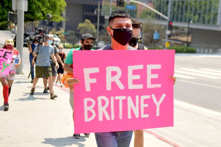 Britney Spears’ fans gather outside a Los Angeles courthouse on Wednesday to protest her conservatorship.