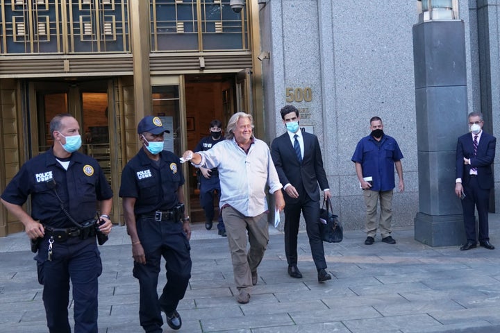 President Donald Trump's former chief strategist, Steve Bannon, exits the Manhattan Federal Court following his arraignment Thursday on fraud charges connected to the We Build the Wall fundraiser.