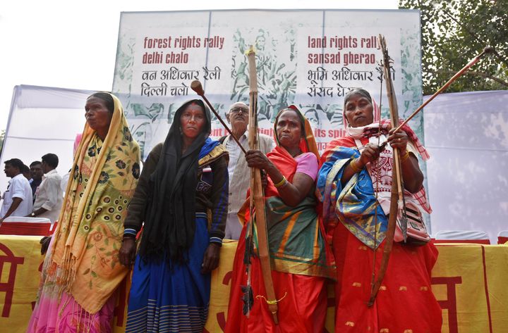Women are seen as adivasis and other people from various parts of the country protest against the government for not implementing The Scheduled Tribes and other Traditional Forest Dwellers (Recognition of Forest Rights) Act, 2006, and to demand land and forest rights, at Jantar Mantar, on November 21, 2019 in New Delhi, India. 