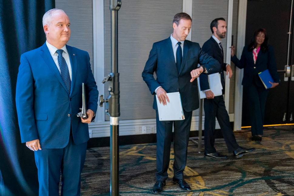 Conservative Party of Canada leadership candidates Erin O'Toole, left to right, Peter MacKay, Derek Sloan and Leslyn Lewis wait for the start of the French-language debate in Toronto on June 17, 2020. 