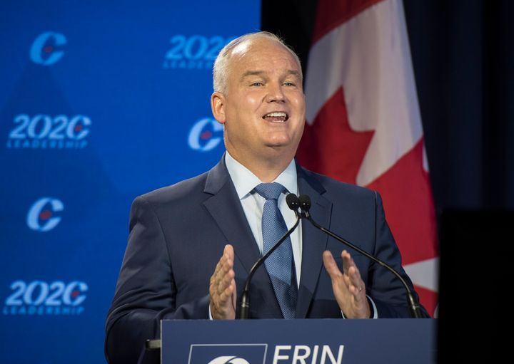 Conservative Party of Canada leadership candidate Erin O'Toole speaks during the English debate in Toronto on June 18, 2020.
