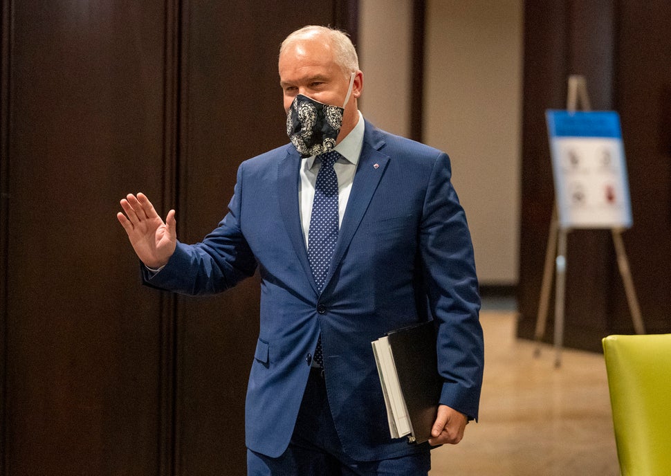 Conservative Party of Canada leadership candidate Erin O'Toole arrives for the start of the French debate in Toronto on June 17, 2020. 