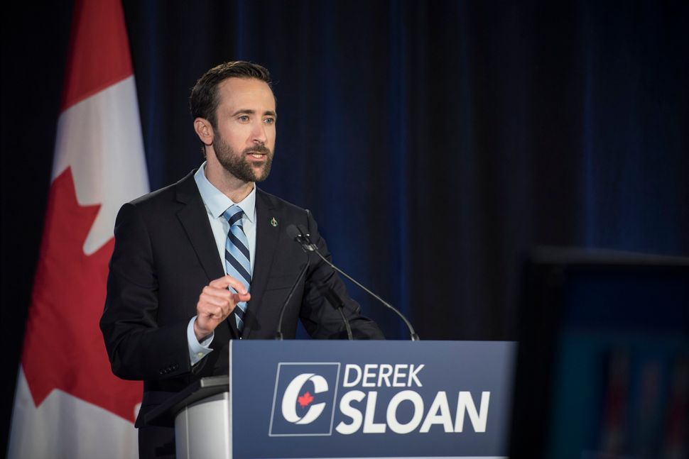 Conservative Party of Canada leadership candidate Derek Sloan speaks during the English debate in Toronto on June 18, 2020.