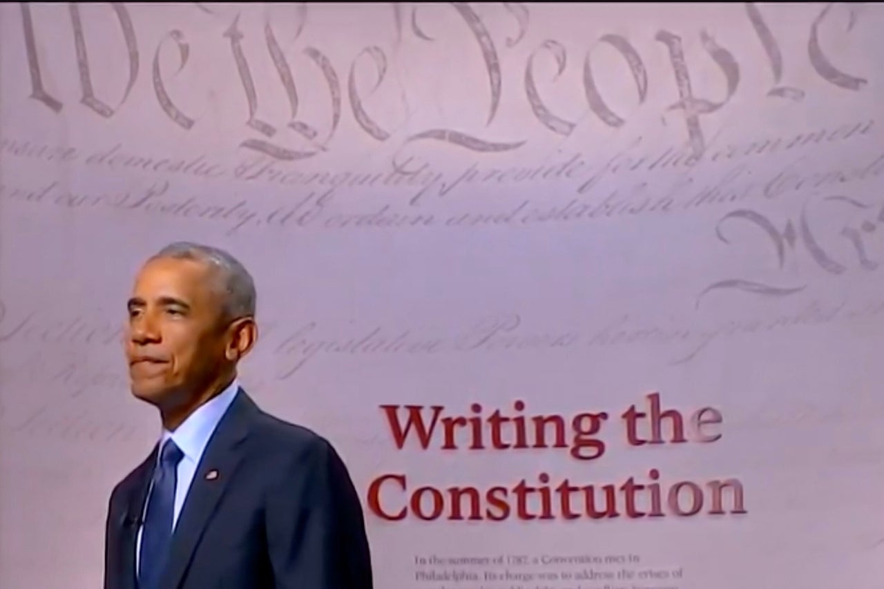 Former President Barack Obama addresses the virtual Democratic National Convention on Aug. 19, 2020, from Philadelphia. 