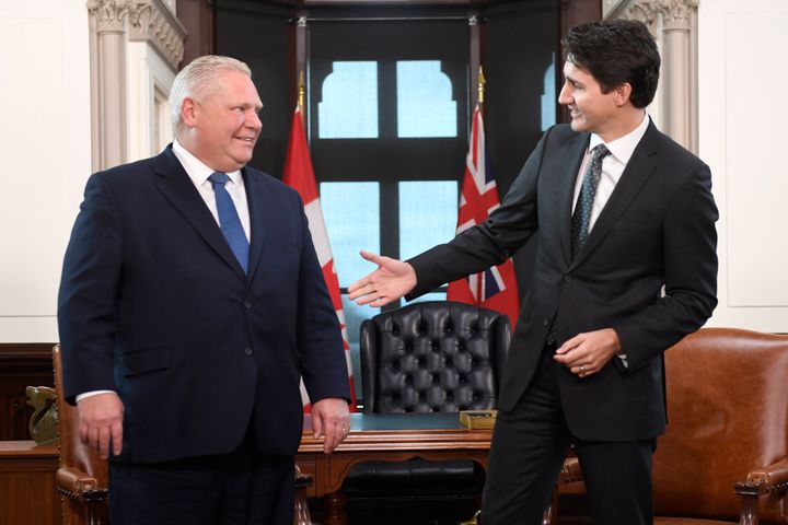 Prime Minister Justin Trudeau meets with Ontario Premier Doug Ford at his office in the West Block of Parliament Hill in Ottawa on Nov. 22, 2019. 