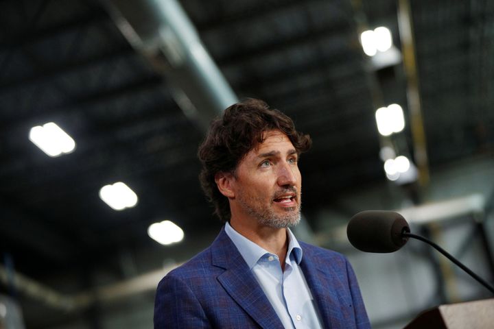Canada's Prime Minister Justin Trudeau speaks during his visit to the 3M's plant in Brockville, Ontario, Canada August 21, 2020. REUTERS/Lars Hagberg
