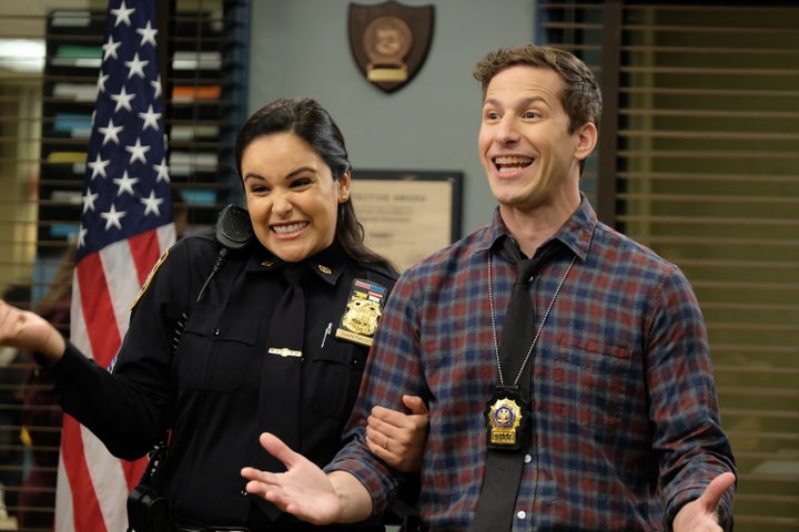 Melissa Fumero as Amy Santiago, Andy Samberg as Jake Peralta in season 7, episode 10 of "Brooklyn Nine-Nine."