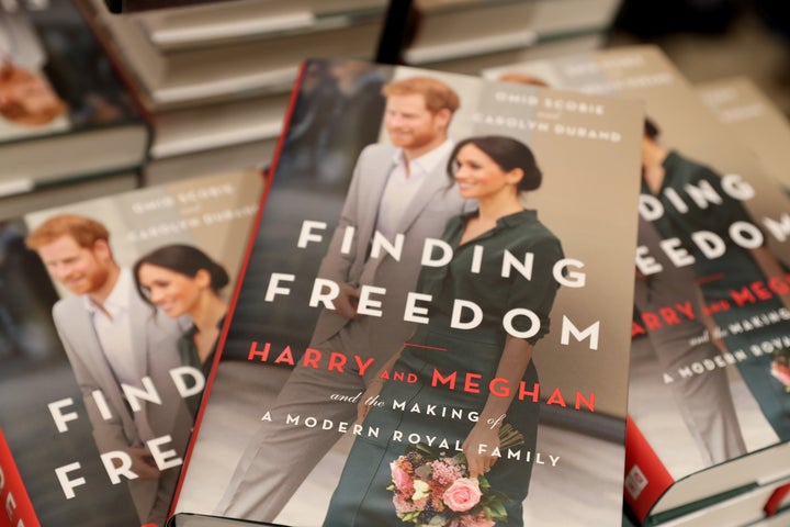 Copies of 'Finding Freedom' are stacked up on Aug. 11, 2020 in London. 