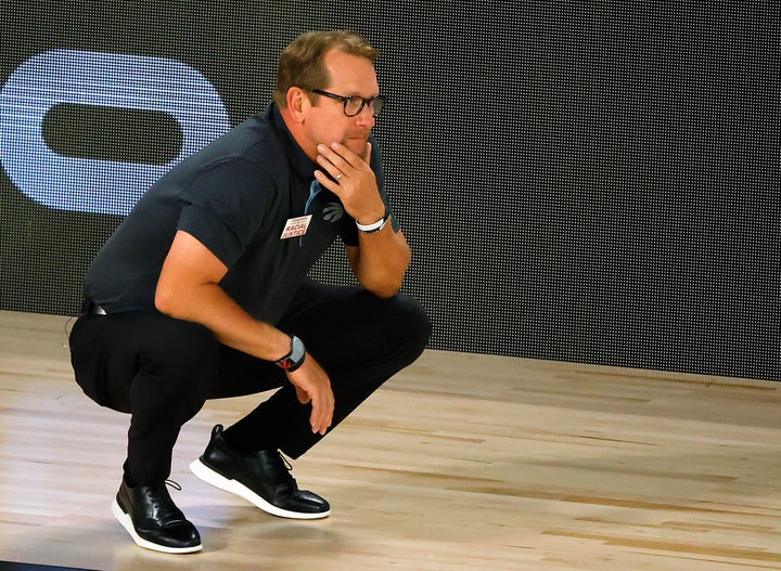 Toronto Raptors head coach Nick Nurse looks on during the third quarter of Game 2 of an NBA basketball first-round playoff series against the Brooklyn Nets on Wednesday.