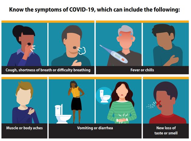 미국 질병 통제 예방 센터의 코로나 19 증상 포스터.  왼쪽 상단부터 시계 방향으로 기침, 호흡 곤란, 발열 또는 오한, 미각 및 후각 상실, 구토 또는 설사,