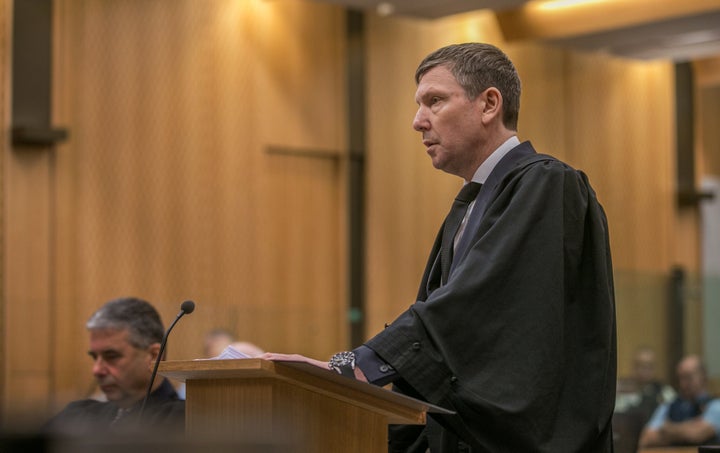 Crown prosecutor Barnaby Hawes reads the summary of facts during the sentencing of Brenton Tarrant, the gunman who shot and killed worshippers in the Christchurch mosque attacks, at the High Court in Christchurch, New Zealand, August 24, 2020. John Kirk-Anderson/Pool via REUTERS