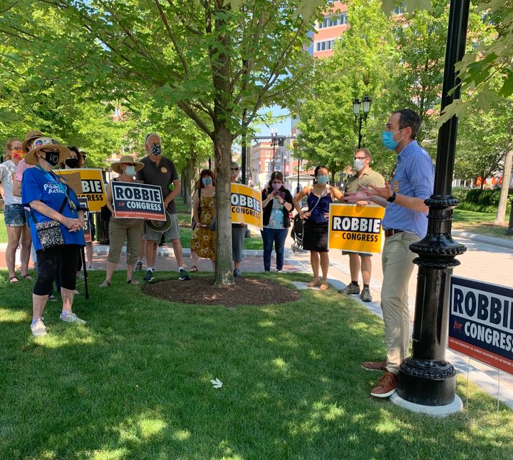 Robbie Goldstein, an infectious disease doctor at Massachusetts General Hospital, campaigns to unseat Rep. Stephen Lynch in the state's 8th Congressional District.