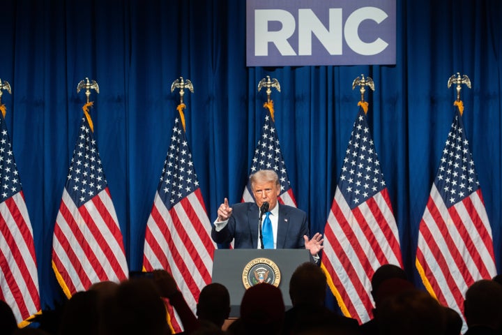 President Donald Trump speaks on the first day of the Republican National Convention at the Charlotte Convention Center on Monday in Charlotte, North Carolina.