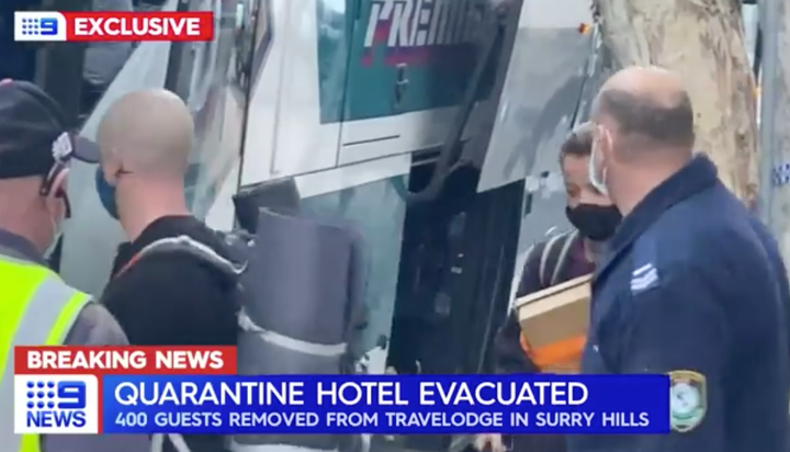 How Australia's Channel 9 News reported the "evacuation" of guests from a Sydney quarantine hotel were there had be complaints about the condition of rooms.