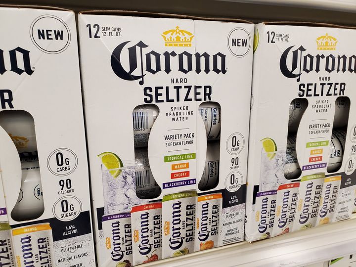 Close-up of packages of Corona brand hard seltzer, an alcoholic seltzer water drink, on store shelves in San Ramon, California, July, 2020. 