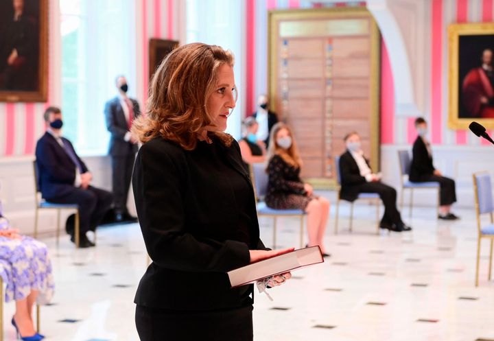 Chrystia Freeland is sworn in as Canada's Finance Minister on Aug. 18, 2020 in Ottawa.