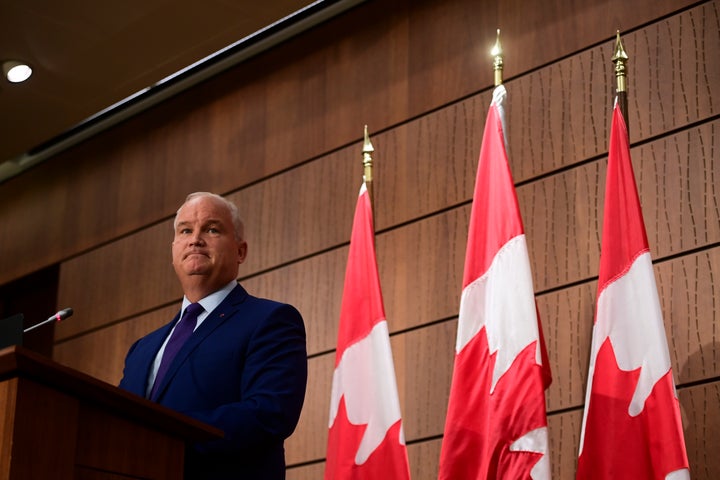 Conservative Leader Erin O'Toole holds his first news conference as leader on Parliament Hill in Ottawa on Aug. 25, 2020.