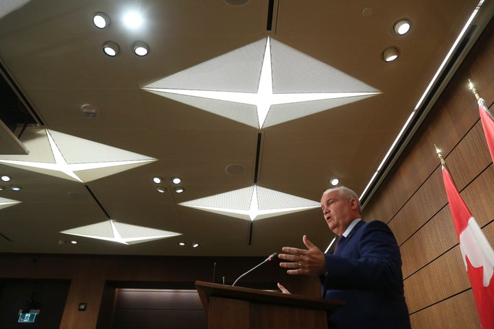 Conservative Party of Canada leader Erin O'Toole speaks during a news conference on Parliament Hill on Aug. 25, 2020 in Ottawa.