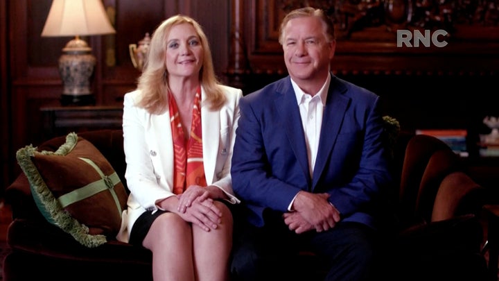 Patricia and Mark McCloskey, who confronted protesters outside their home while holding weapons, speak by video feed at the Republican National Convention.