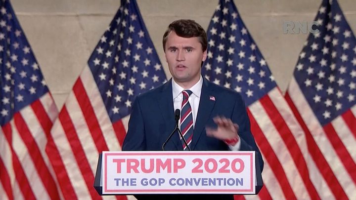 Charlie Kirk speaks by video feed during the largely virtual 2020 Republican National Convention broadcast.