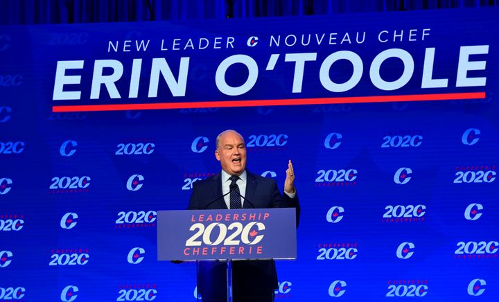 Newly elected Conservative Leader Erin O'Toole delivers his winning speech in Ottawa on Aug. 24, 2020. 