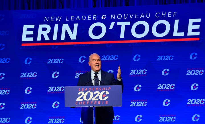 Newly elected Conservative Leader Erin O'Toole delivers his winning speech in Ottawa on Aug. 24, 2020. 