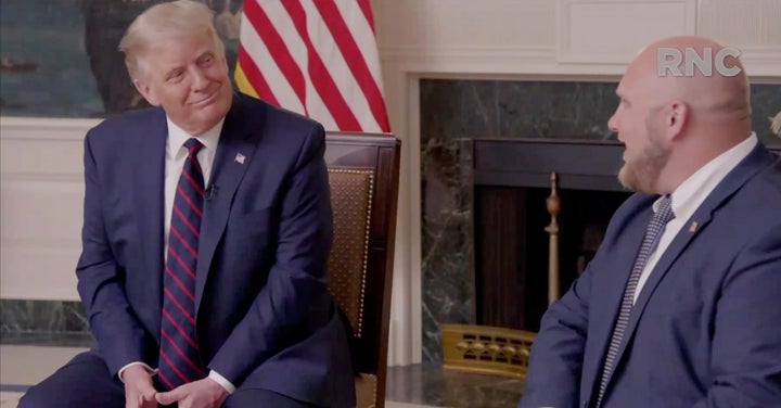 In a screenshot from the Republican National Committee's livestream of the GOP convention, President Donald Trump speaks with freed hostage Joshua Holt at the White House in a video shown at the virtual convention Monday. 